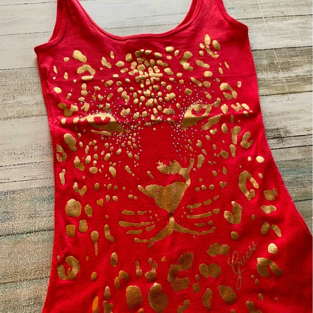 Guess Orange & Gold Bejeweled Leopard Tank Top size S